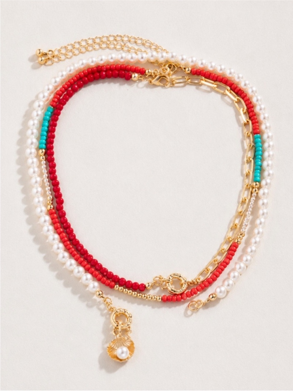 New! Coastal Preppy Red Beaded Gold Shell Necklace Stack Set NWOT 3030